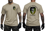 Front and back display of a beige tactical military t-shirt featuring the official insignia of the Polish Special Forces Unit Jednostka Wojskowa NIL Kraków.