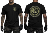 Two-view composite image of a black t-shirt featuring Polish Navy Special Forces JW Formoza graphics. The left side shows the front of the shirt with a small circular chest emblem. The right side shows the back of the shirt with a large circular crest featuring the unit's emblem and motto text. The shirt is displayed on a male model with tattooed arms and tactical gloves.