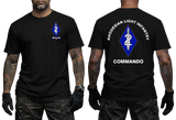 Black cotton t-shirt featuring Rhodesian Light Infantry 2 Commando unit badge on the front chest and large blue diamond dagger emblem print on the back.