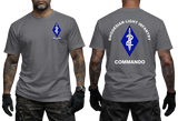 grey cotton t-shirt featuring Rhodesian Light Infantry 2 Commando unit badge on the front chest and large blue diamond dagger emblem print on the back.