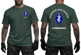 dark green cotton t-shirt featuring Rhodesian Light Infantry 2 Commando unit badge on the front chest and large blue diamond dagger emblem print on the back.