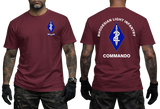 maroon cotton t-shirt featuring Rhodesian Light Infantry 2 Commando unit badge on the front chest and large blue diamond dagger emblem print on the back.