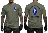military green cotton t-shirt featuring Rhodesian Light Infantry 2 Commando unit badge on the front chest and large blue diamond dagger emblem print on the back.
