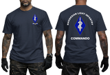 navy cotton t-shirt featuring Rhodesian Light Infantry 2 Commando unit badge on the front chest and large blue diamond dagger emblem print on the back.