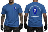 blue cotton t-shirt featuring Rhodesian Light Infantry 2 Commando unit badge on the front chest and large blue diamond dagger emblem print on the back.