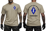 sand cotton t-shirt featuring Rhodesian Light Infantry 2 Commando unit badge on the front chest and large blue diamond dagger emblem print on the back.