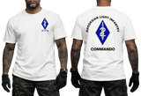 white cotton t-shirt featuring Rhodesian Light Infantry 2 Commando unit badge on the front chest and large blue diamond dagger emblem print on the back.