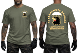 Front and back views of a man wearing a military green SADF 44 Parachute Brigade T-Shirt. Features a parachute and eagle head emblem on the left chest and a large back graphic displaying "44 Parachute Brigade South African Defence Force" with the airborne crest.