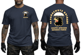 Front and back views of a man wearing a navy SADF 44 Parachute Brigade T-Shirt. Features a parachute and eagle head emblem on the left chest and a large back graphic displaying "44 Parachute Brigade South African Defence Force" with the airborne crest.