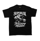 Superlek Muay Thai Champion T-Shirt in black featuring a bold hand gesture illustration, lightning effects, SUPERLEK lettering, and The Kicking Machine nickname
