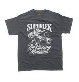 Superlek Muay Thai Champion T-Shirt in dark grey featuring a bold hand gesture illustration, lightning effects, SUPERLEK lettering, and The Kicking Machine nickname