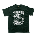 Superlek Muay Thai Champion T-Shirt in dark green featuring a bold hand gesture illustration, lightning effects, SUPERLEK lettering, and The Kicking Machine nickname