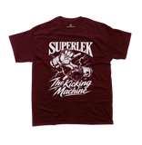 Superlek Muay Thai Champion T-Shirt in maroon featuring a bold hand gesture illustration, lightning effects, SUPERLEK lettering, and The Kicking Machine nickname