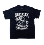 Superlek Muay Thai Champion T-Shirt in navy featuring a bold hand gesture illustration, lightning effects, SUPERLEK lettering, and The Kicking Machine nickname