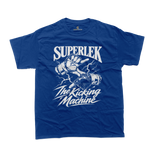 Superlek Muay Thai Champion T-Shirt in royal blue featuring a bold hand gesture illustration, lightning effects, SUPERLEK lettering, and The Kicking Machine nickname