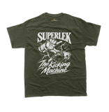 Superlek Muay Thai Champion T-Shirt in military green featuring a bold hand gesture illustration, lightning effects, SUPERLEK lettering, and The Kicking Machine nickname