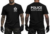 A black short-sleeve T-shirt shown on a model from the front and back. The front has a small white Police Scotland crest and text on the left chest, while the back has large white POLICE SCOTLAND text across the upper back.