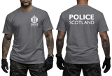 A dark gray t-shirt shown from both front and back on a model. The front features a white Police Scotland crest and text, while the back features 'POLICE SCOTLAND' printed in large white letters.