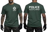 A dark green short-sleeve t-shirt shown on a model from both the front and back views. The front features a white Police Scotland crest on the left chest, and the back features 'POLICE SCOTLAND' printed in large white capital letters across the upper back.