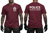 A man modeling a maroon short-sleeve T-shirt shown from the front and back. The front has a white Police Scotland crest and text on the left chest, and the back has large white POLICE SCOTLAND text.