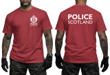 A red short-sleeve T-shirt shown on a model from the front and back. The front has a white Police Scotland crest and text on the left chest, while the back has large white 'POLICE SCOTLAND' text.