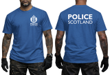 A man modeling a royal blue short-sleeve t-shirt, showing both the front and back views. The front features a white Police Scotland crest and text, while the back displays 'POLICE SCOTLAND' in large white letters.
