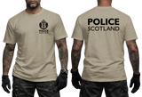 A man shown from the front and back wearing a light khaki t-shirt with 'POLICE SCOTLAND' printed in black. The front features a small crest logo on the left chest, and the back features large text.