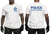 A white short-sleeve T-shirt shown on a model from both front and back. The front has a blue Police Scotland crest and text on the left chest, and the back has large blue 'POLICE SCOTLAND' text.