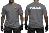 Front and back view of a charcoal t-shirt with Swiss Bern Police crest on the chest and white Police back print.