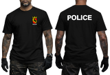 Front and back view of a black t-shirt with Swiss Bern Police crest on the chest and white Police back print.