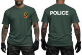 Front and back view of a forest green t-shirt with Swiss Bern Police crest on the chest and white Police back print.