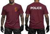 Front and back view of a maroon t-shirt with Swiss Bern Police crest on the chest and white Police back print.