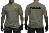 Front and back view of a black t-shirt with Swiss Bern Police crest on the chest and black Police back print.