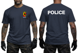 Front and back view of a navy t-shirt with Swiss Bern Police crest on the chest and white Police back print.
