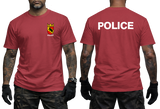 Front and back view of a red t-shirt with Swiss Bern Police crest on the chest and white Police back print.