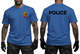 Front and back view of a blue t-shirt with Swiss Bern Police crest on the chest and black  Police back print.