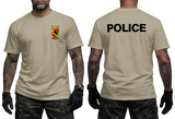 Front and back view of a sand t-shirt with Swiss Bern Police crest on the chest and black Police back print.