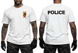 Front and back view of a white t-shirt with Swiss Bern Police crest on the chest and black Police back print.