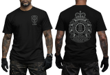 Black crewneck t-shirt featuring the 4th Canadian Division Support Group (4 CDSG) crest with a small left-chest emblem and a large detailed back print showing the military crest with the motto Sustinemus Arma.