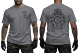 dark grey crewneck t-shirt featuring the 4th Canadian Division Support Group (4 CDSG) crest with a small left-chest emblem and a large detailed back print showing the military crest with the motto Sustinemus Arma.