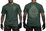dark green crewneck t-shirt featuring the 4th Canadian Division Support Group (4 CDSG) crest with a small left-chest emblem and a large detailed back print showing the military crest with the motto Sustinemus Arma.