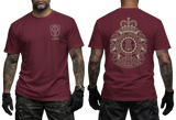 maroon crewneck t-shirt featuring the 4th Canadian Division Support Group (4 CDSG) crest with a small left-chest emblem and a large detailed back print showing the military crest with the motto Sustinemus Arma.