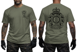 olive crewneck t-shirt featuring the 4th Canadian Division Support Group (4 CDSG) crest with a small left-chest emblem and a large detailed back print showing the military crest with the motto Sustinemus Arma.