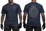 navy crewneck t-shirt featuring the 4th Canadian Division Support Group (4 CDSG) crest with a small left-chest emblem and a large detailed back print showing the military crest with the motto Sustinemus Arma.