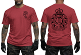 red crewneck t-shirt featuring the 4th Canadian Division Support Group (4 CDSG) crest with a small left-chest emblem and a large detailed back print showing the military crest with the motto Sustinemus Arma.