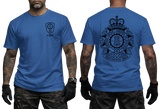 blue crewneck t-shirt featuring the 4th Canadian Division Support Group (4 CDSG) crest with a small left-chest emblem and a large detailed back print showing the military crest with the motto Sustinemus Arma.