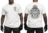 white crewneck t-shirt featuring the 4th Canadian Division Support Group (4 CDSG) crest with a small left-chest emblem and a large detailed back print showing the military crest with the motto Sustinemus Arma.