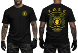 Front and back view of a black U.S. Army J.O.T.C. Jungle Operation Training Center T-shirt featuring the Jungle Expert patch, twin snakes, and Fort Sherman Panama text.