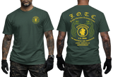 Front and back view of a forest green U.S. Army J.O.T.C. Jungle Operation Training Center T-shirt featuring the Jungle Expert patch, twin snakes, and Fort Sherman Panama text.