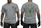 Front and back view of a greyU.S. Army J.O.T.C. Jungle Operation Training Center T-shirt featuring the Jungle Expert patch, twin snakes, and Fort Sherman Panama text.